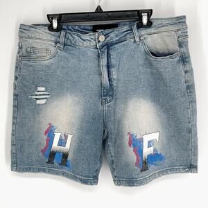 Homme + Femme Mens Hand Painted Logo Distressed Jean Shorts Sz 38 Denim Blue